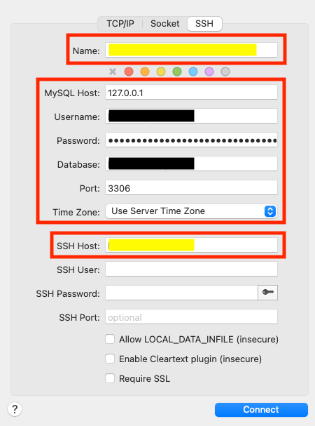 Sequel Ace サーバー接続設定画面のスクリーンショット